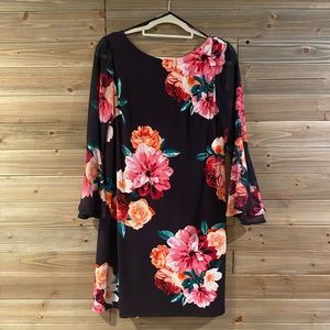 Navy floral dress with sheer bell style sleeves